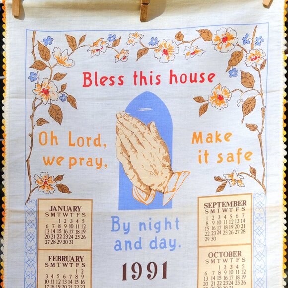 VTG 1991 Calendar Towel Bless this House Prayer & Praying Hands Crochet Edge - Picture 4 of 7